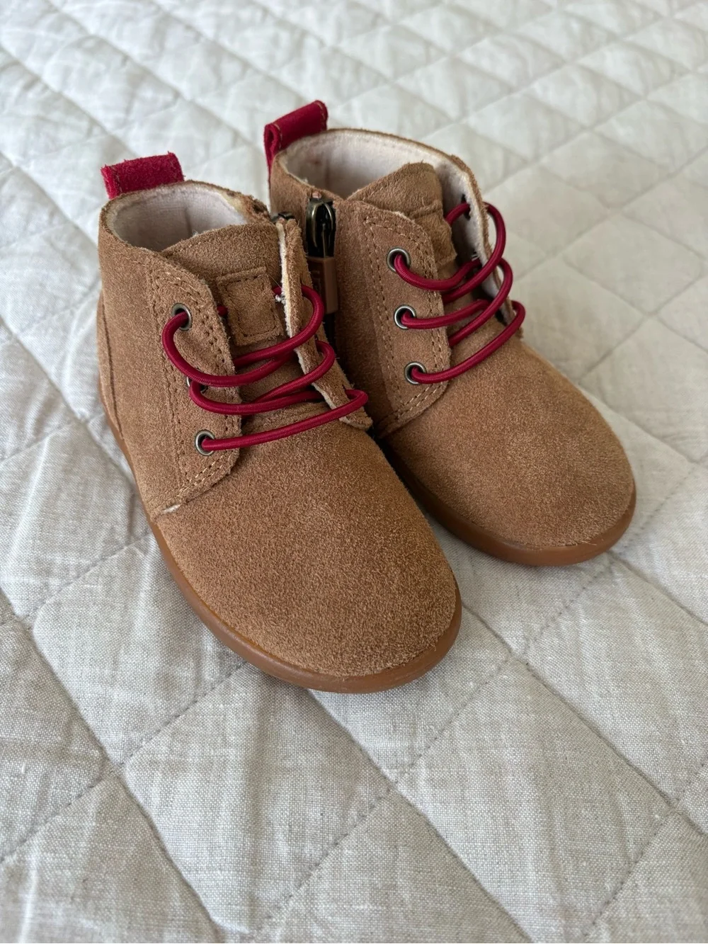 UGG Kids Tan Suede Ankle Boots with Red Laces